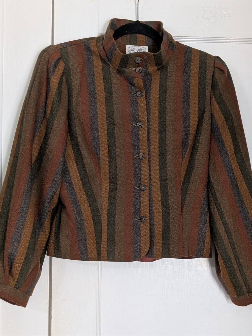 Vintage 70s Swingles Cropped Wool Jacket Puff Sleeve Stripe ILGWU USA Women's S